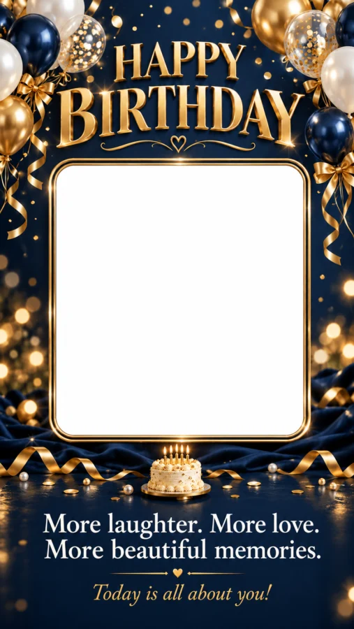 Happy Birthday Photo Frame – Navy Blue & Gold